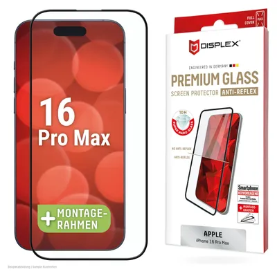 Obrázok produktu pre Displex Premium Anti-Reflex Screen Protector (antireflexný plný kryt, 10H) pre Apple iPhone 16 Pro Max, Eco Mounting Frame, Full Cover