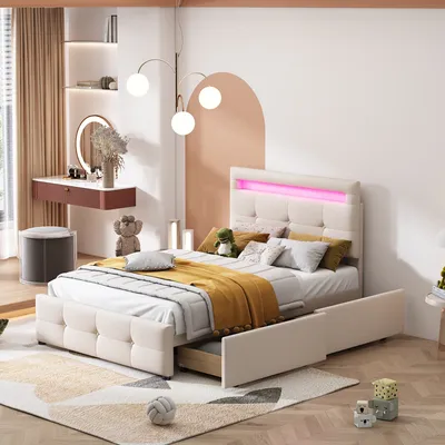 Obrázek produktu pro okwish čalouněná postel 90*200cm s LED světly, 2 šuplíky, ze lnu jednolůžko dětská postel dětská postel postel pro hosty béžová