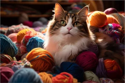 Produktbild von Wallario Poster - Katze in einem Berg von Wollknäuel, Kunstdruck Größe: 61 x 91,50 cm
