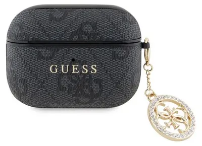 A black Guess AirPods Pro case with a gold charm.