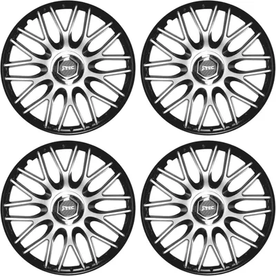 Produktbild von Radkappen Radblenden 15 Zoll in Schwarz-Silber-Matt mit Chromnabe für PKW-Stahlfelgen, 4er-Satz