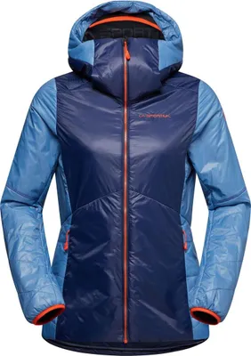 Damenjacke "Alpine Guide Primaloft Hoody W" von La Sportiva in Blau mit Kapuze und Reißverschluss.