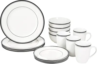 Zdjęcie produktu dla Komplet naczyń dla 4 osób - 16 elementów - Porcelana z czarną obwódką - Można używać w mikrofalówce i piekarniku