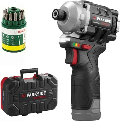 A set of tools including a cordless impact driver, a bit set, and a storage case, displayed against a white background.