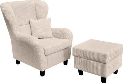 Produktbild von Ohrensessel mit Hocker Landhausstil Polster-TV-Lesesessel Cordstoff Beige Creme / 18017
