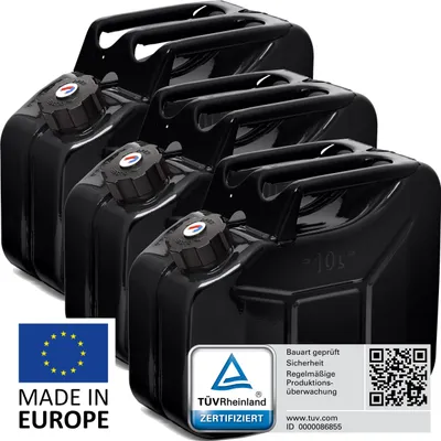 Produktbild von BW® Kraftstoffkanister Metall Benzinkanister 3x 10 Liter mit Schraubverschluss - Schwarz RAL 9005 - UN-Zulassung - Hergestellt in Europa