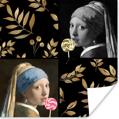 Produktbild von MuchoWow® Poster Mädchen mit Perlenohrring - Gold - Collage 75x75 cm - Wand Dekoration