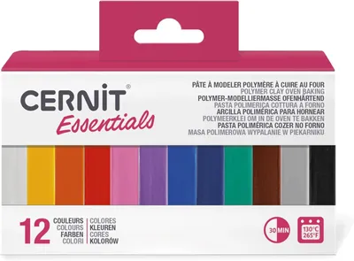 Produktbild von CERNIT CEASS001C - Set mit 12 Farben Ofenhärtende Polymer-Modelliermasse Essentials à 25g, für Bastelaktivität, Mehrfarbig, 1 Set