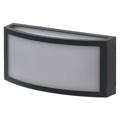 A dark gray, curved wall light fixture with a frosted diffuser is shown against a white background.
