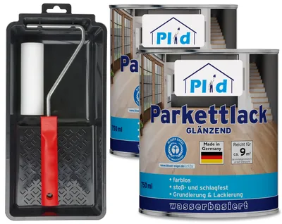 Produktbild von Plid Parkett - Klarlack 1,5L Farblos Glänzend für ca. 18m² inkl. Lackierset /Parkettsiegel Holzlack, Innenbereich, stoß - schlagfest strapazierfähig