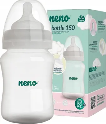 A white baby bottle with a clear cap and a green logo is shown in front of its packaging.