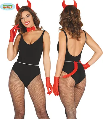 A woman wearing a devil costume, shown from the front and back.