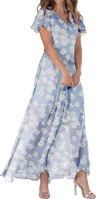Produktbild von ASKSA Damen Sommerkleid Blumendruck Lang Ruesche Kurzarm V Ausschnitt Strandkleider Boho Beach Midikleid Freizeitkleid (Aliceblau,L)