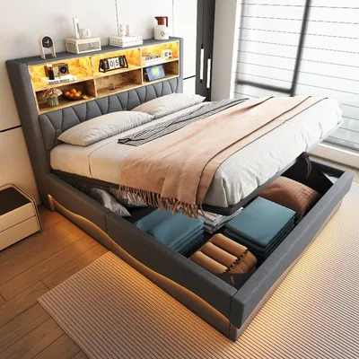 Productafbeelding van Boxspringbed 180x200 cm met hydraulische opbergruimte, LED-lichtstrip bedienbaar via app, USB-oplaadpoort in het hoofdeinde en linnen bekleding in grijs