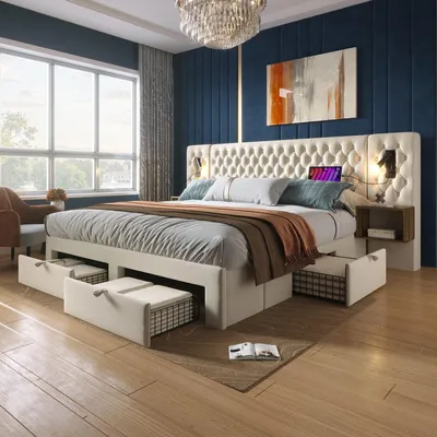 Produktbild von Schlafzimmer Set Beige 160x200 cm Polsterbett mit 2 Nachttischen, 4 Schubladen, Leselicht & USB, Samt, ohne Matratze