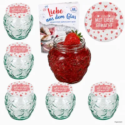 Produktbild von 6x Frutta Vaso Marmeladenglas 580ml Mit Liebe gemacht Deckel TO82 Heft, KI-generiertes Bild