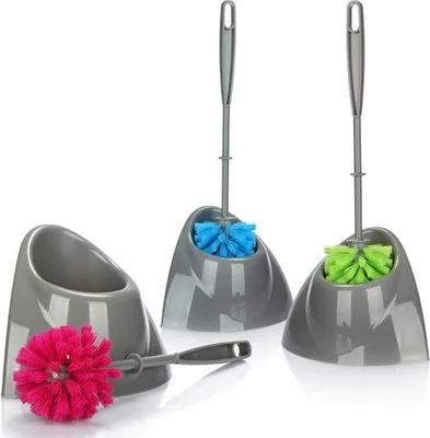 Produktbild von Kunststoff-Duschborstel-Sets, 3er-Ausführung, WC-Reinigungsbürste mit Halter, Kunststoff, trendy Farbkomposition, 3er-Vorrat, Blau/Gelb/Rosa