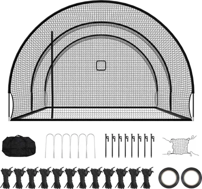 Immagine prodotto di SucceBuy Gabbia da baseball (semicircolare) Rete 678x370x240 cm, rete da allenamento mobile con tessuto in poliestere resistente e senza nodi e apertura per macchine lanciapalle, inclusa rete da allenamento per softball
