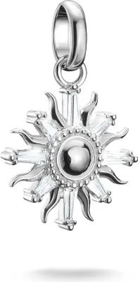 A silver sun charm with clear stones, isolated on a white background.