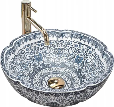 Produktbild von Badezimmer Waschbecken Arbeitsplatte Waschschüssel Rund Weiss Blau 42x42x15cm