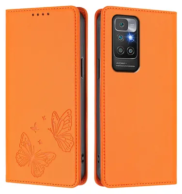 Obrázek produktu pro Kožené pouzdro pro Xiaomi Redmi 10 4G, motýlí ražbou, peněženkové flip pouzdro se stojánkem Oranžová