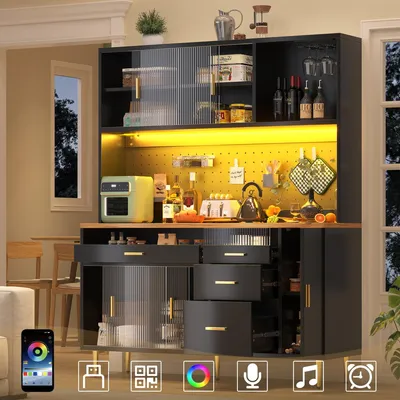 Immagine prodotto di Armadio alto 145x24x171 cm nero con illuminazione a LED, porta scorrevole in vetro e ripiani forati, armadio stretto per soggiorno e cucina