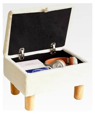 Produktbild von Kleiner Fußhocker mit Stauraum aus Kunstteddyfell und Holzbeinen, rechteckiger Ottoman für Wohnzimmer, Schlafzimmer, Eingangsbereich und Büro, Weiß