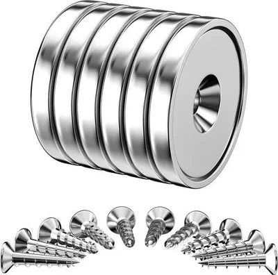Produktbild von Unyqoos® 6er-Set Neodym-Topfmagnete 32 x 5 mm, extra Haftkraft 25 kg, versenkte Bohrung, mit 10 Schrauben & Innenringen – universal für Küche, Bad, Büro