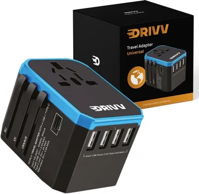 Produktbild von Drivv. Universaler Weltstecker - 4x USB & 1x USB C Schnellladung - Reisestecker für Amerika/England/UK/Kanada/Afrika/Japan/Mexiko/Thailand/Südamerika