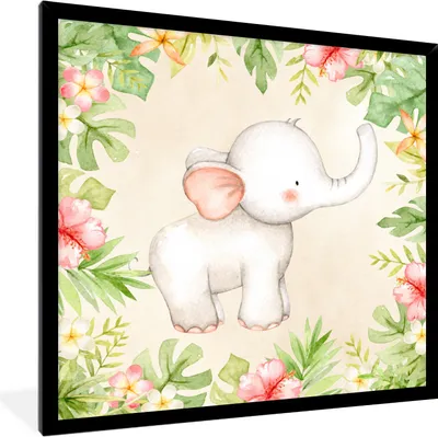 Produktbild von MuchoWow® MuchoWow® Gerahmtes Poster Dschungel - Blumen - Elefant 40x40 cm - Poster mit zchwarzem Bilderrahmen - Mit Rahmen - Wanddekoration Schlafzimmer