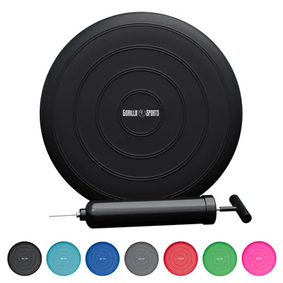 A black balance cushion with a pump, and a row of smaller colored cushions below.