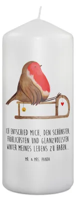 Produktbild von Mr. & Mrs. Panda Kerze Rotkehlchen Schlitten 19 x 8 cm - Weiß - Geschenk, Weihnachten, Vogel, Blockkerze, Stumpenkerze, Erinnerungslicht, Wachskerze, Erinnerungskerze