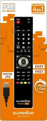 A product shot of a universal remote control on a white and orange background, with marketing text and graphics.
