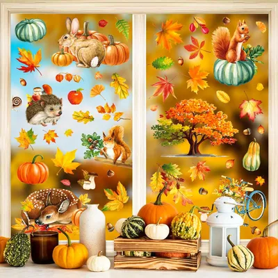 Produktbild von Herbstliche Fensterbilder mit Kürbissen und Eichhörnchen für Erntedankfest