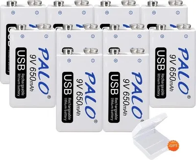 Immagine prodotto di Batteria ricaricabile al litio da 9 V, capacità 650 mAh, ricarica USB, confezione da 10 pezzi, 9 V