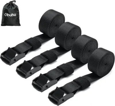 Produktbild von Set aus 4 Kabelbindern, Kabelbinder, Befestigungsbinder mit Messingverschluss, Schnellbinder bis 250 kg DIN EN 12195-2 mit Tragtas für Auto, Fahrradträger & Motorrad