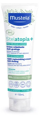 Immagine prodotto di Mustela Stelatopia Crema BIO Relipidante Anti-Prurito, Viso e Corpo, Neonati, Bambini, Tutta la Famiglia - Pelle Estrema Secchezza o Dermatite Atopica, 99% Ingredienti di Origine Naturale (150ml)