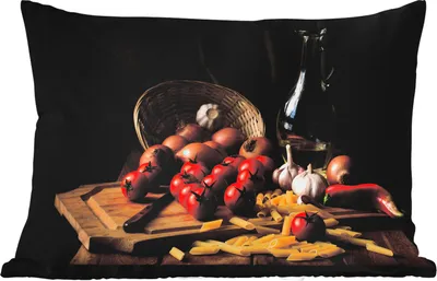 Produktbild von MuchoWow® Outdoor Kissen - Schneidebrett - Gemüse - Stillleben - Pasta - Aus - Tomate - Schneidebrett - 50x30 cm - Wetterfest - Lounge Kissen - Sofa kissen - Wohnzimmer Dekoration