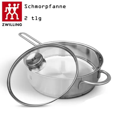 Produktbild von Zwilling Twin Nova Schmorpfanne mit Deckel 24cm Induktion, Edelstahl mit Hohen Rand, Edelstahl 18/10 Bratpfanne, Pfanne Pfannenset Glasdeckel Pfannen