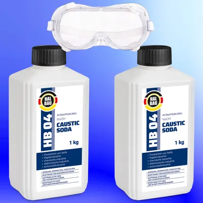 Produktbild von Rohrreiniger Ätzsoda Ölfarbentferner 2x1kg Flasche kaustisches Soda Natronlauge + Schutzbrille Arbeitskomfort Set HB04