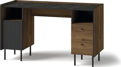 Produktbild von Schreibtisch mit geriffelten Schubladen PRESTIGO 135cm Schwarz + Walnuss