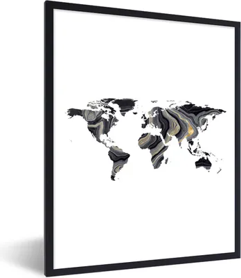 Produktbild von MuchoWow® Gerahmtes Poster Weltkarte - Farbe - Schwarz 30x40 cm - Poster mit Schwarzem Bilderrahmen Wandposter Rahmen Foto Bilder - Wanddeko - Kunstdrucke