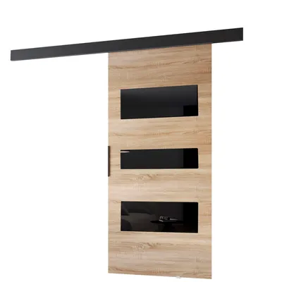 Produktbild von MINIO go for it, Schiebetür "PRIM C", Zimmertür, mit schwarzen Dekorelementen, schwarzer Griff, 76cm, Sonoma Eiche / Schwarze Farbe
