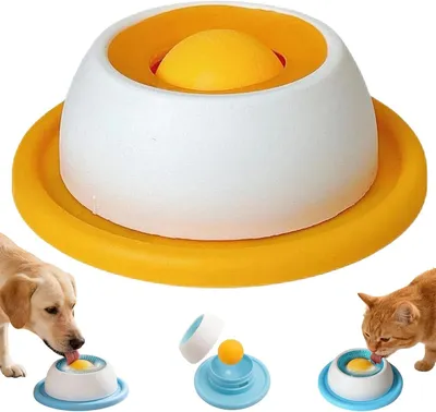 Imagen del producto de Comedero para perros con bola giratoria, base antideslizante con ventosas, color amarillo, apto para perros y gatos