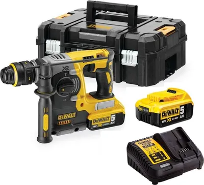 A DeWalt cordless hammer drill kit with a storage case, battery, and charger, displayed on a white background.