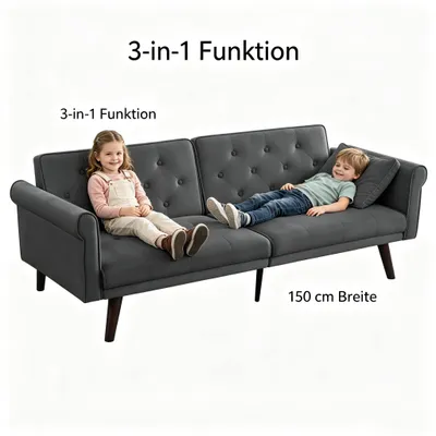 Produktbild von Futon Schlafsofa 150 cm klappbar, 3-in-1 Sofa Bett, 5-fach verstellbar