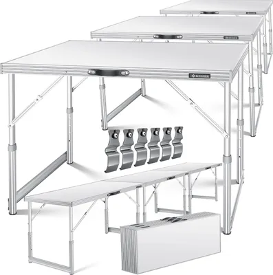 Multiple folding tables and benches are displayed in a studio setting against a white background.