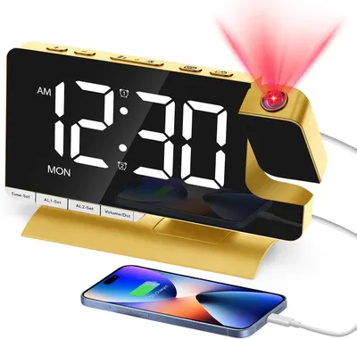 Produktbild von Wecker mit Projektion 180° Projektor Uhr Digital 2 USB-Ladeanschluss 2 Alarmen 3 Modi 9 Mins Snooze 5 Lautstärke 12/24Hr DST 7.3" LED EU Adapter