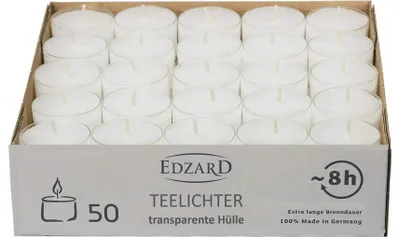 Produktbild von 50 Stück WENZEL Nightlights Teelichtkerzen Teelichter, weiß, transparente Hülle, Brenndauer ca. 8 h