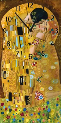 A clock face designed to look like Gustav Klimt's painting 'The Kiss', featuring the iconic couple embracing, with numbers and clock hands superimposed.
